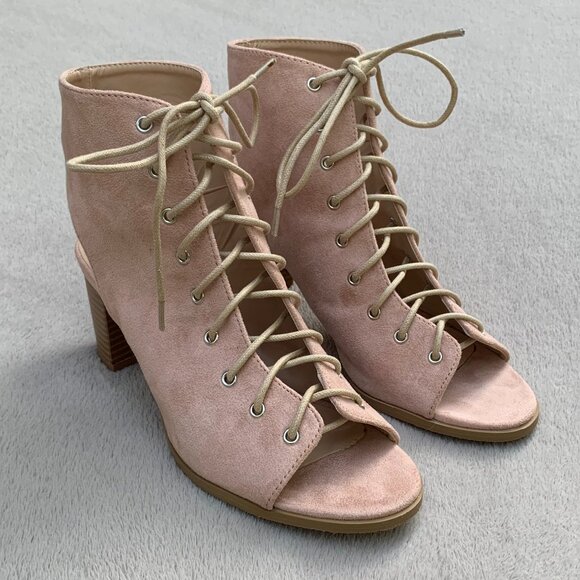 Journee Collection Posey Peeptoe Open Heel Faux Suede Lace-Up Booties Sz8 - Picture 1 of 16